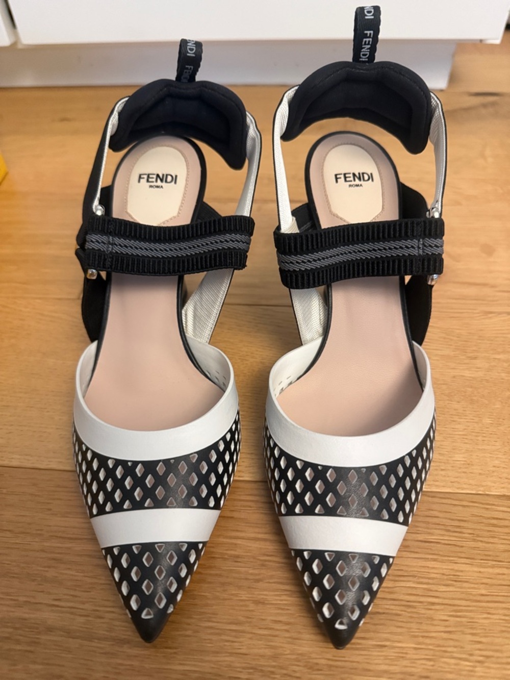 Fendi Black & White Pointed Mesh Slingbacks
